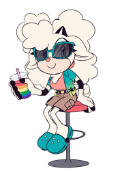 Size: 1066x1516 | Tagged: safe, artist:gh0stfl0wer, lanolin the sheep, sheep, chair, clothes, crocs, drink, female, holding something, looking at viewer, pride, simple background, sitting, smile, solo, sunglasses, transparent background