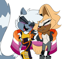 Size: 1642x1357 | Tagged: safe, artist:gh0stfl0wer, tangle the lemur, whisper the wolf, blushing, duo, eyes closed, female, females only, flag, holding hands, lesbian, lesbian pride, pride, pride flag, shipping, smile, standing, tangle x whisper, wagging tail