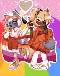 Size: 1486x1855 | Tagged: safe, artist:kyliebrightsun, tangle the lemur, whisper the wolf, abstract background, alternate outfit, cape, clothes, duo, female, females only, heart, holding hands, kimono, lesbian, lesbian pride, outline, pride, rainbow, shipping, sparkles, sunglasses, tangle x whisper, wink