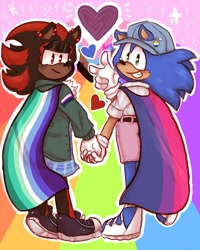 Size: 1486x1855 | Tagged: safe, artist:kyliebrightsun, shadow the hedgehog, sonic the hedgehog, abstract background, ace, aro ace pride, aromantic, bisexual, bisexual pride, cap, cape, clothes, duo, ear piercing, gay, genderfluid, genderfluid pride, heart, holding hands, jacket, looking back at viewer, mlm pride, outline, pride, rainbow, shadow x sonic, shipping, shirt, shorts, skirt, smile, sparkles, v sign