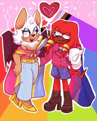 Size: 1486x1855 | Tagged: safe, artist:kyliebrightsun, knuckles the echidna, rouge the bat, abstract background, alternate outfit, biker jacket, bisexual, bisexual pride, cape, clothes, duo, female, heart, heels, holding hands, knuxouge, male, outline, pansexual, pansexual pride, pride, rainbow, shipping, shorts, sparkles