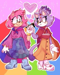 Size: 1486x1855 | Tagged: safe, artist:kyliebrightsun, amy rose, blaze the cat, abstract background, alternate outfit, amy x blaze, bisexual, bisexual pride, blushing, cape, clothes, cute, duo, female, females only, heart, holding hands, lesbian, lesbian pride, outline, pride, rainbow, shipping, smile, sparkles