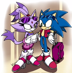 Size: 2006x2048 | Tagged: safe, artist:keaton_756, blaze the cat, sonic the hedgehog, shipping, sonaze, straight, suitcase