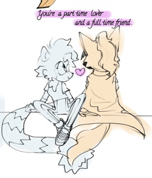 Size: 1242x1449 | Tagged: safe, artist:frizii-catt, tangle the lemur, whisper the wolf, cute, dialogue, duo, english text, heart, lesbian, shipping, simple background, sitting, smile, tails intertwining, tangabetes, tangle x whisper, white background