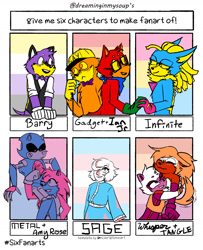 Size: 1050x1290 | Tagged: safe, artist:dreaminginmysoup, amy rose, barry the quokka, gadget the wolf, ian jr, infinite the jackal, metal sonic, sage, tangle the lemur, whisper the wolf, sonic frontiers, abstract background, bisexual, bisexual pride, black sclera, english text, gay, group, holding hands, holding them, lesbian, lesbian pride, nonbinary, nonbinary pride, pansexual, pansexual pride, pride, rookinite, shipping, six fanarts, tangle x whisper, trans pride, transgender