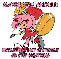 Size: 835x815 | Tagged: safe, artist:sirbasil, amy rose, hedgehog, annoyed, cross popping vein, english text, eyes closed, holding something, piko piko hammer, simple background, smile, solo, this won't end well, walking, white background