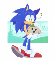 Size: 1832x2000 | Tagged: safe, artist:tomaturtles, sonic the hedgehog, hedgehog, sonic frontiers, abstract background, cute, duo, ear fluff, genderless, holding them, koco, kocobetes, musical notes, smile, sonabetes, standing