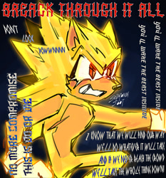 Size: 2048x2202 | Tagged: safe, artist:solfinite, sonic the hedgehog, super sonic, sonic frontiers, break through it all, clenched teeth, english text, eyelashes, flying, looking offscreen, male, signature, solo, super form, top surgery scars