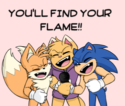 Size: 1122x958 | Tagged: safe, artist:sasstastikarts, miles "tails" prower, sonic the hedgehog, oc, cat, fox, hedgehog, sonic frontiers, english text, fangs, find your flame, holding something, male, males only, microphone, pink background, pink ears, pink nose, simple background, singing, standing, trio, unknown oc