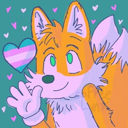 Size: 1346x1346 | Tagged: safe, artist:coffee_lynx, miles "tails" prower, fox, 2023, alternate eye color, commission, four fingers, green eyes, heart, looking offscreen, simple background, smile, solo, trans pride, transgender, waving