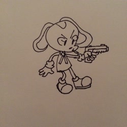 Size: 2048x2048 | Tagged: safe, artist:goblin_sorcerer, cream the rabbit, rabbit, 2016, cigarette, female, gun, holding something, looking offscreen, smoking, solo, standing, traditional media