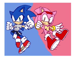 Size: 1150x924 | Tagged: safe, artist:cstuff7, amy rose, sonic the hedgehog, hedgehog, 2023, abstract background, border, clothes, duo, eyelashes, female, heart chest, looking at viewer, male, mid-air, smile, top surgery scars, trans female, trans male, transgender