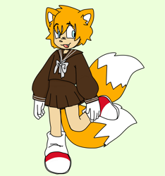 Size: 1055x1128 | Tagged: safe, artist:cowboymonkey, miles "tails" prower, human, 2022, femboy, fox ears, fox tail, green background, humanized, male, one fang, schoolgirl outfit, simple background, solo