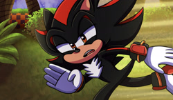 Size: 2732x1587 | Tagged: safe, artist:broadwaybash123, shadow the hedgehog, hedgehog, green hill zone, sonic prime, 2023, abstract background, lidded eyes, looking at viewer, male, mouth open, redraw, skating, solo