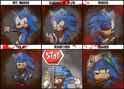 Size: 1024x738 | Tagged: semi-grimdark, artist:raisa, sonic the hedgehog, hedgehog, 2018, bite mark, bleeding, bleeding from mouth, blindfold, blood, bondage, bruise, character abuse, character abuse meme, coughing up blood, english text, male, meme, panels, scar, sign, sonic abuse, stop sign, sweatdrop
