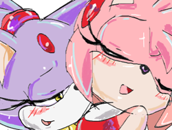 Size: 450x340 | Tagged: safe, artist:smsskullleader, amy rose, blaze the cat, cat, hedgehog, 2012, amy x blaze, blushing, cute, eyes closed, female, females only, lesbian, shipping