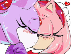 Size: 450x340 | Tagged: safe, artist:smsskullleader, amy rose, blaze the cat, cat, hedgehog, 2012, amy x blaze, blushing, eyes closed, female, females only, heart, kiss, lesbian, romantic, shipping