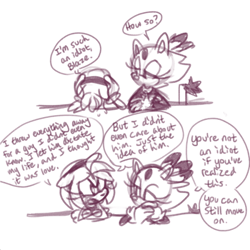 Size: 540x540 | Tagged: safe, artist:sp-rings, amy rose, blaze the cat, cat, hedgehog, 2017, amy x blaze, amy's halterneck dress, blaze's tailcoat, crying, cute, english text, female, females only, implied sonic, lesbian, shipping, sketch, talking