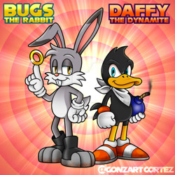 Size: 900x900 | Tagged: safe, artist:gonzartcortez, duck, rabbit, bomb, bugs bunny, character name, crossover, daffy duck, looney tunes, mobianified, ring
