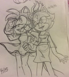 Size: 1280x1442 | Tagged: safe, artist:saucynadles, amy rose, blaze the cat, cat, hedgehog, 2015, amy x blaze, cute, dress, female, females only, hand on arm, lesbian, shipping, sketch, skirt, traditional media