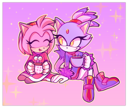 Size: 540x455 | Tagged: safe, artist:azulila, amy rose, blaze the cat, cat, hedgehog, 2017, amy x blaze, eyes closed, female, females only, hot cocoa, lesbian, shipping, winter outfit
