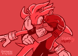 Size: 2048x1484 | Tagged: safe, artist:jennsterjay, mighty the armadillo, silver the hedgehog, armadillo, hedgehog, blushing, character name, gay, hand on another's head, hugging, kiss on cheek, one eye closed, red background, shipping, signature, silvmighty, smile