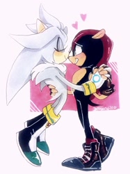 Size: 2048x2731 | Tagged: safe, artist:bioterror, mighty the armadillo, silver the hedgehog, armadillo, hedgehog, blushing, cute, eyes closed, floating, gay, hearts, holding hands, looking at them, shipping, silvmighty