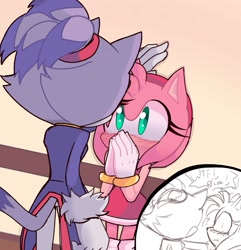 Size: 1649x1713 | Tagged: safe, artist:sonicnewunivers, amy rose, blaze the cat, cat, hedgehog, 2023, amy x blaze, amy's halterneck dress, blaze's tailcoat, blushing, cute, female, females only, hand on wall, lesbian, looking at each other, looking at viewer, shipping