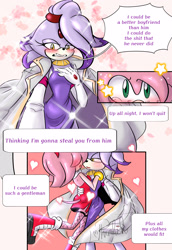 Size: 2000x2900 | Tagged: safe, artist:phantast310, amy rose, blaze the cat, cat, hedgehog, 2023, amy x blaze, blushing, comic, cute, dancing, dress, english text, female, females only, lesbian, looking at each other, shipping, sparkles