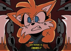 Size: 1111x800 | Tagged: safe, artist:serithehedgehogau, miles "tails" prower, nine, fox, sonic prime, 2023, clenched teeth, dialogue, english text, female, gender swap, scratch (injury), simple background, solo