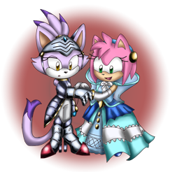 Size: 906x892 | Tagged: safe, artist:biko97, amy rose, blaze the cat, nimue, cat, hedgehog, sonic and the black knight, 2017, amy x blaze, cute, female, females only, knight armor, lesbian, shipping, sir percival