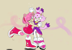 Size: 1024x723 | Tagged: safe, artist:zionsdaughter, amy rose, blaze the cat, cat, hedgehog, 2021, amy x blaze, amy's halterneck dress, blaze's tailcoat, cute, female, females only, holding hands, lesbian, looking at viewer, shipping