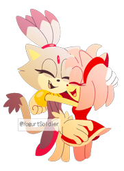 Size: 750x1034 | Tagged: safe, amy rose, blaze the cat, cat, hedgehog, 2019, amy x blaze, amy's halterneck dress, aritst:theyogurtsoldier, blaze's tailcoat, cute, eyes closed, female, females only, hugging, lesbian, mouth open, shipping