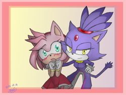 Size: 1280x969 | Tagged: safe, artist:h2656256, amy rose, blaze the cat, cat, hedgehog, 2013, amy x blaze, amy's halterneck dress, blaze's tailcoat, blushing, cute, female, females only, hand on shoulder, lesbian, looking at viewer, shipping