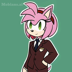Size: 2048x2048 | Tagged: safe, ai art, artist:mobians.ai, amy rose, hedgehog, female, green background, looking offscreen, mobius.social exclusive, outline, simple background, smile, solo, standing, suit, tie