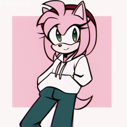 Size: 2048x2048 | Tagged: safe, ai art, artist:mobians.ai, amy rose, hedgehog, abstract background, alternate outfit, female, hands in pocket, hoodie, looking offscreen, mobius.social exclusive, pants, smile, solo, standing