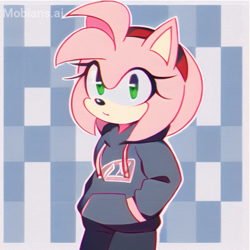 Size: 2048x2048 | Tagged: safe, ai art, artist:mobians.ai, amy rose, hedgehog, abstract background, alternate outfit, female, frown, hand in pocket, hoodie, looking at viewer, mobius.social exclusive, outline, pants, solo, standing