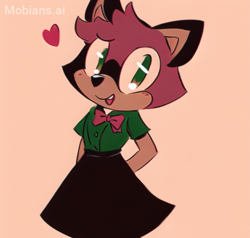 Size: 1849x1759 | Tagged: safe, ai art, artist:mobians.ai, barry the quokka, blushing, bowtie, dress, hand behind back, heart, looking at viewer, mobius.social exclusive, mouth open, nonbinary, one fang, simple background, smile, solo, standing, tan background