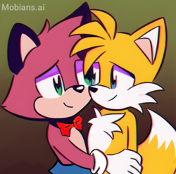 Size: 1750x1731 | Tagged: safe, ai art, artist:mobians.ai, barry the quokka, miles "tails" prower, barrails, bowtie, duo, gay, gradient background, holding them, looking at each other, male, mobius.social exclusive, nonbinary, shipping, skirt, smile, standing
