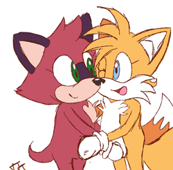 Size: 1750x1731 | Tagged: safe, artist:taeko, barry the quokka, miles "tails" prower, barrails, duo, eyelashes, gay, holding each other, looking at each other, male, mobius.social exclusive, mouth open, nonbinary, one eye closed, shipping, signature, simple background, sketch, smile, white background