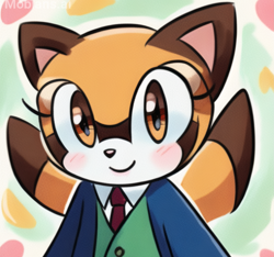 Size: 2029x1896 | Tagged: safe, ai art, artist:mobians.ai, marine the raccoon, raccoon, abstract background, blushing, cute, eyelashes, female, looking at viewer, marinebetes, smile, solo, standing, suit, tie