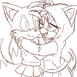 Size: 2048x2048 | Tagged: safe, artist:taeko, miles "tails" prower, oc, cat, fox, canon x oc, duo, eyelashes, female, females only, holding each other, hood up, hoodie, lesbian, looking at each other, one eye closed, shipping, simple background, sketch, skirt, smile, standing, trans female, transgender, unnamed oc, white background