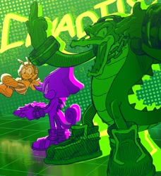 Size: 1865x2048 | Tagged: safe, artist:jjsucksalot, charmy bee, espio the chameleon, vector the crocodile, english text, frown, looking at viewer, male, males only, smile, standing, team chaotix, trio