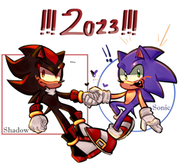 Size: 707x657 | Tagged: safe, artist:ephobictu, shadow the hedgehog, sonic the hedgehog, hedgehog, 2023, blushing, character name, duo, exclamation mark, frown, gay, heart, holding hands, male, males only, one fang, shadow x sonic, shipping, smile