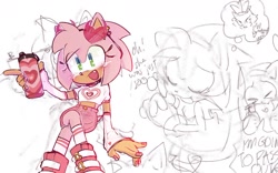 Size: 1080x675 | Tagged: safe, artist:kai_sh1, amy rose, hedgehog, alternate outfit, amy x blaze, blushing, crush, drink, english text, female, lesbian, one fang, shipping, simple background, sketch, smile, solo, thinking, thought bubble, white background