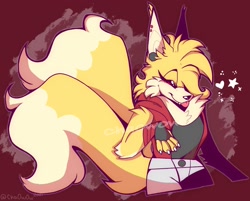 Size: 1828x1472 | Tagged: safe, artist:cha0w0w, miles "tails" prower, fox, abstract background, alternate universe, au:sitcom, claws, clothes, cute, ear piercing, eyelashes, eyes closed, fangs, fingerless gloves, fluffy, hair over one eye, heart, jacket, older, pants, shirt, solo, standing, tailabetes, tongue out