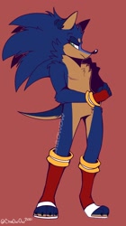 Size: 1144x2048 | Tagged: safe, artist:cha0w0w, sonic the hedgehog, hedgehog, alternate universe, chest fluff, frown, lidded eyes, male, red background, simple background, solo, standing, top surgery scars, trans male, transgender