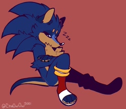 Size: 1022x886 | Tagged: safe, artist:cha0w0w, sonic the hedgehog, hedgehog, alternate universe, arms folded, claws, eyes closed, fluffy, male, red background, simple background, sitting, sleeping, solo, trans male, transgender, zzz