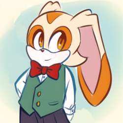 Size: 1904x1896 | Tagged: safe, ai art, artist:mobians.ai, cream the rabbit, rabbit, abstract background, bowtie, genderfluid, looking offscreen, mobius.social exclusive, skirt, smile, solo, standing, suit