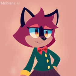 Size: 1487x1489 | Tagged: safe, ai art, artist:mobians.ai, barry the quokka, the murder of sonic the hedgehog, eyelashes, female, gender swap, lidded eyes, looking offscreen, no outlines, quokka, simple background, skirt, smile, solo, standing, tan background